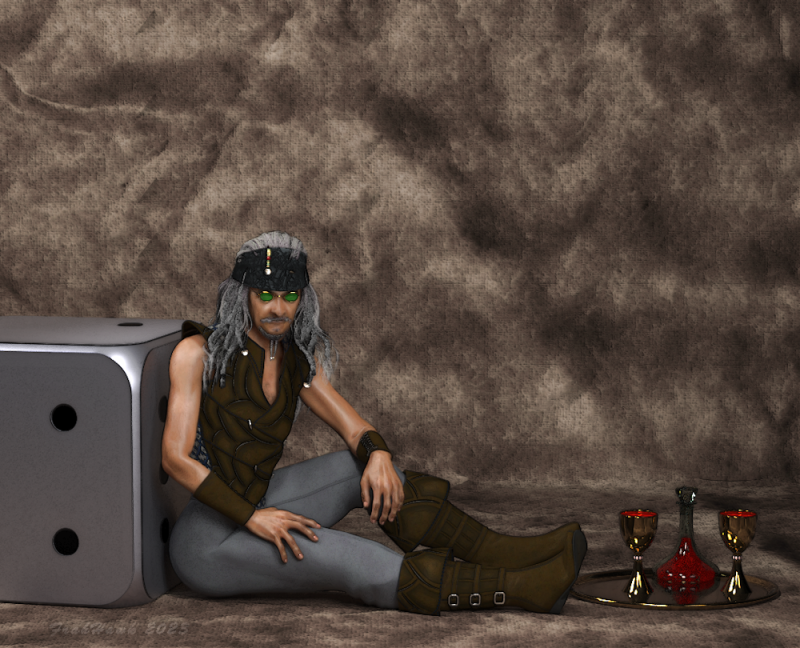 Old Man Goth
Was inspired by this month's contest, but didn't want to do the card exchange. I really wanted to do a sort of take-off on Pin Ups, but with a very interesting hippie-type character. So here he sits, Mr. Dice Man, an old style semi-Goth person. 

Done in Poser 11, Superfly, and adjusted in Paintshop Pro 2020 Michael 4 
Keywords: Poser 11 superfly paintshop pro 2020  Michael 4 