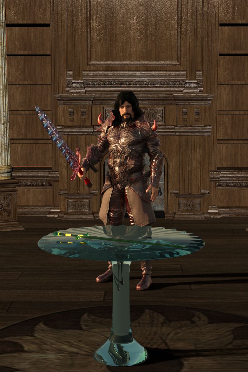 Gilliad with Lifebringer
Gilliad placed The Elven Holy Sword, Sylvan Edge, on the pedestal as an offering for the more powerful Holy Sword, Lifebringer, to heal his wife, Marial.
Keywords: Fantasy