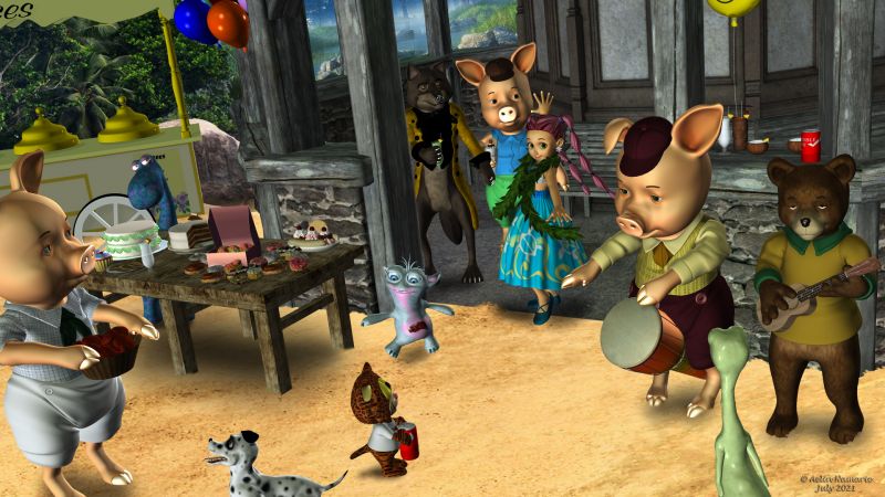 Party at Little Lake
At the extrem corner of the Attic Garden, meet them for a super party!

********
The 3 Little Pigs, by 3Duniverse (Daz3d)
Folpert, by Nursoda (RR) [textures by eblank]
Dawg, on Most Digital Creations
Pocket Pet Cat, by 3Duniverse [Kitty textures by Chohole; tshirt textures by eblank on PFDdelights]
Gruggle Monk, by 3duniverse [poses and textures by Aelin for a past Holiday page on FA]
Big Bad Wolf, by 3Duniverse (Daz3d)
Toon Girl Sadie, by 3Duniverse (Daz3d)
Hula Girl, by elleque
The 3 Bears, by 3Duniverse (Daz3d)
Folbat, by Nursoda (RR)
Old Beach Pavilion, by RHS (Daz3d)
