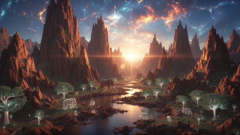 Elephant Scene
The elephant is one I photograf in Kenya. I used it with some mandelbrot 3D fractals to create this scene.

Keywords: abstrakt,landskab,animals,Alan Hauge, fractals