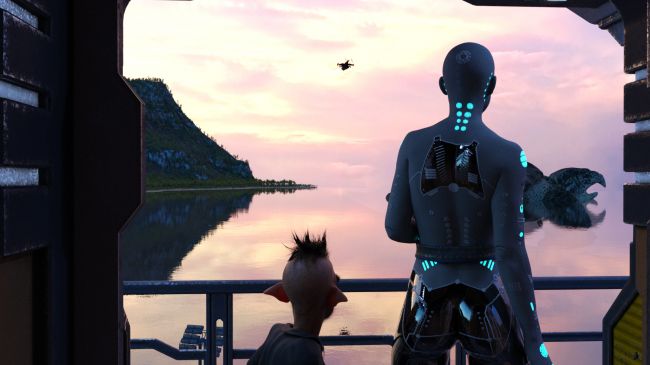 A Morning Surprise
"She comes by each morning, just as dawn is breaking."

At that moment, the huge animal opened its beak and made a trumpeting sound that echoed off the surronding hills.

"She usually does that as well," said Iris, smiling.

Next image is [url=http://www.thefantasiesattic.net/attic/cpg/displayimage.php?pid=38609]here[/url].  Previous image is [url=http://www.thefantasiesattic.net/attic/cpg/displayimage.php?pid=38516]there[/url].
