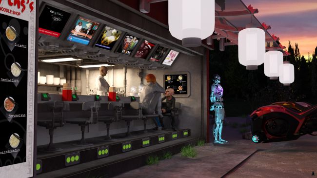 Time to Eat
While they waited for their soup to cool, Mr. Feng, Eve and Willy discussed the news that unusual fauna had been seen in large numbers on the other side of the world, both in the sea and on the land.

"The xenobiologists claim that they're not from Theta Aquarii," Mr. Feng said.  "Willy, can you tell me anything about that?"

Willy looked hard at Mr. Feng but said nothing.  After a long while, he nodded.

18-SOL continued to charge from the building's power.

Seven overhead display stations continued to pour out their various images and sounds.

The hoverbikes popped and ticked as their power supplies cooled.

And the crickets continued their almost bell-like songs in the damp evening.

Next image is [url=http://www.thefantasiesattic.net/attic/cpg/displayimage.php?pid=39554]here[/url].  Previous image is [url=http://www.thefantasiesattic.net/attic/cpg/displayimage.php?pid=38689]there[/url].

Story starts at [url=http://www.thefantasiesattic.net/attic/cpg/displayimage.php?pid=37772]this image[/url].
