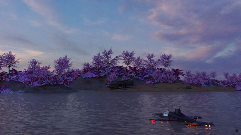 Arrival
The ship drifted slowly down and settled into the ocean with hardly a slash.  6-BLUE-2 shut down the engines.  There was a slight hiss from the heat of the engines now immersed in sea water and a pinging of rapidly cooling metal.

Eve spent most of the trip dozing as her sleep had been interrupted by the aircraft and strike.

"Eve," 6-BLUE-2 said as the ship moved into a gently rocking bay, "We're at the survey stream entrance."

It was late afternoon on this the much less terraformed side.  Eve roused, looking around.

She startled and said, "Cockpit open" as there was a completely unexpected craft on the shore.

Next image is [url=http://www.thefantasiesattic.net/attic/cpg/displayimage.php?pid=40961]here.[/url] Previous image is [url=http://www.thefantasiesattic.net/attic/cpg/displayimage.php?pid=40922]there.[/url]

Story starts at [url=http://www.thefantasiesattic.net/attic/cpg/displayimage.php?pid=37772]this image.[/url]
