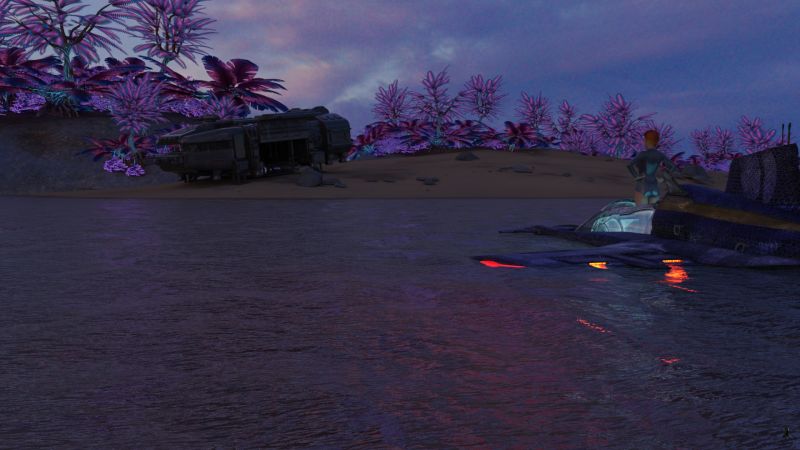 There's A Shuttle
There was a rush of smells: salt water and wet vegetation with a distant note of some unrecognized stronger odor.

6-BLUE-2 said, "No records of landings here before."

Eve stood, looking at the ship that had clearly been resting on the beach for quite a while.  Its loading ramp was lowered which made her think it had been abandoned.

"I'm going ashore," she said.

6-BLUE-2 reported "No large biologics within 100 meters.  Water does not contain human dangerous pathogens.  Ocean floor is irregular."

She slipped into the water and after a short swim began to wade towards the shore.

Next image is [url=http://www.thefantasiesattic.net/attic/cpg/displayimage.php?pid=40962]here.[/url] Previous image is [url=http://www.thefantasiesattic.net/attic/cpg/displayimage.php?pid=40960]there.[/url]

Story starts at [url=http://www.thefantasiesattic.net/attic/cpg/displayimage.php?pid=37772]this image.[/url]
