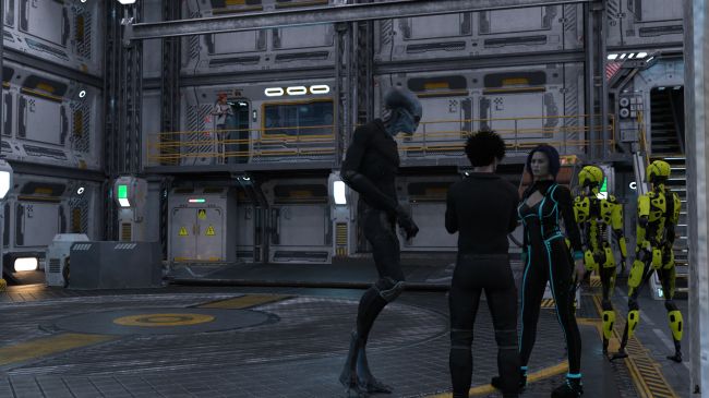 Back to the Hanger
As Eve returned to the hanger, her sense of embarrassment rose. This was the first time others would see her with her new appearance.

Albany was in deep conversation with Daniel, the hanger manager.  There was a new tall guy with them.

The two maintenance bots looked up when they heard her boots on the walkway but the others hadn't noticed.

"I'm ready to get back to the station, Commander," Eve said as all heads turned her way.

Previous image is [url=http://www.thefantasiesattic.net/attic/cpg/displayimage.php?pid=36623]here[/url].  Next image is [url=http://www.thefantasiesattic.net/attic/cpg/displayimage.php?pid=36629]there[/url].

