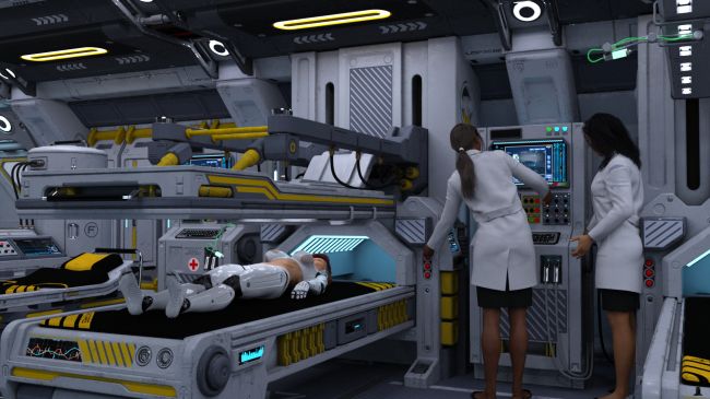 Revising Her Shell
Eve was greeted by the two techs who were going to make the changes, Dr. Pantajali and Dr. Clarke .

After running a series of scans to make sure that the shell replacement would be successful, Dr. Pantajali asked "Ready, Eve?  We're going to start if you are."

With some trepidation, Eve said, "Ready."

Dr. Clarke said, "You'll feel an injection on your right side.  Since the rest of you is covered in poly, we'll need to do it there.  It's to make you sleep while the replacement routines run."

Dr. Pantajali pressed the start switch.

Previous image is [url=http://www.thefantasiesattic.net/attic/cpg/displayimage.php?pid=36611]here[/url].  Next image is [url=http://www.thefantasiesattic.net/attic/cpg/displayimage.php?pid=36623]there[/url].
