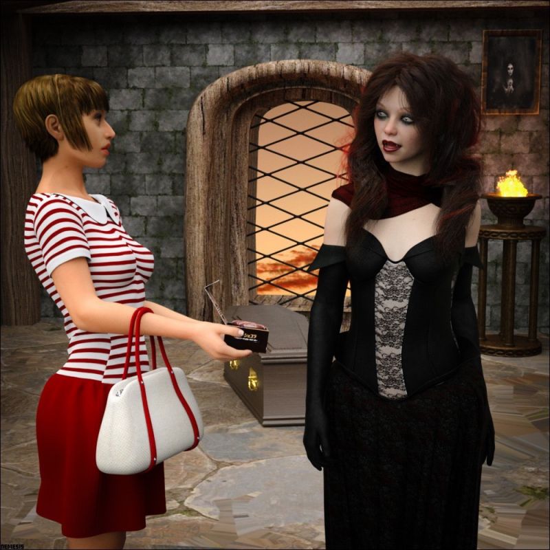 Can I offer you something else instead of me?
Sophie is on a guided tour of an ancient castle in Transylvania. Suddenly, she leans against a wall and is pulled into a secret passageway. She ends up in an unknown chamber, where the ancient mistress of the castle is still hiding, she wakes up, comes out of her coffin and is so hungry... Sophie tries to appease her by offering her a packet of snacks she has in her bag...
(The way the vampire looks at her, you can guess what she's thinking about the offer...)

I used Ceres by Enchanted Pixie, which is freebie for Fantasy Attic users, the other freebies are from other sites.
