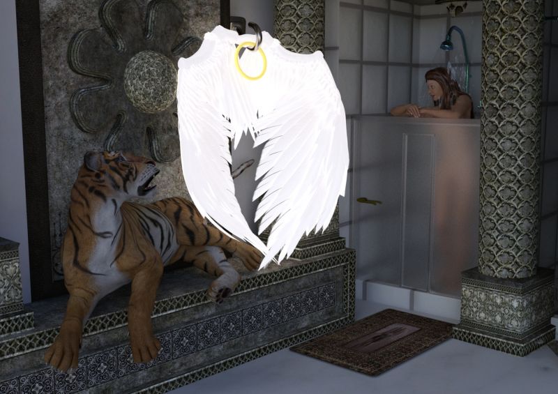 At Home with an angel
After a long day of singing in heavenly hosts, Alora the angel  is glad she is able to remove her uniform and relax at home with her friend Sashsa the tigress.
