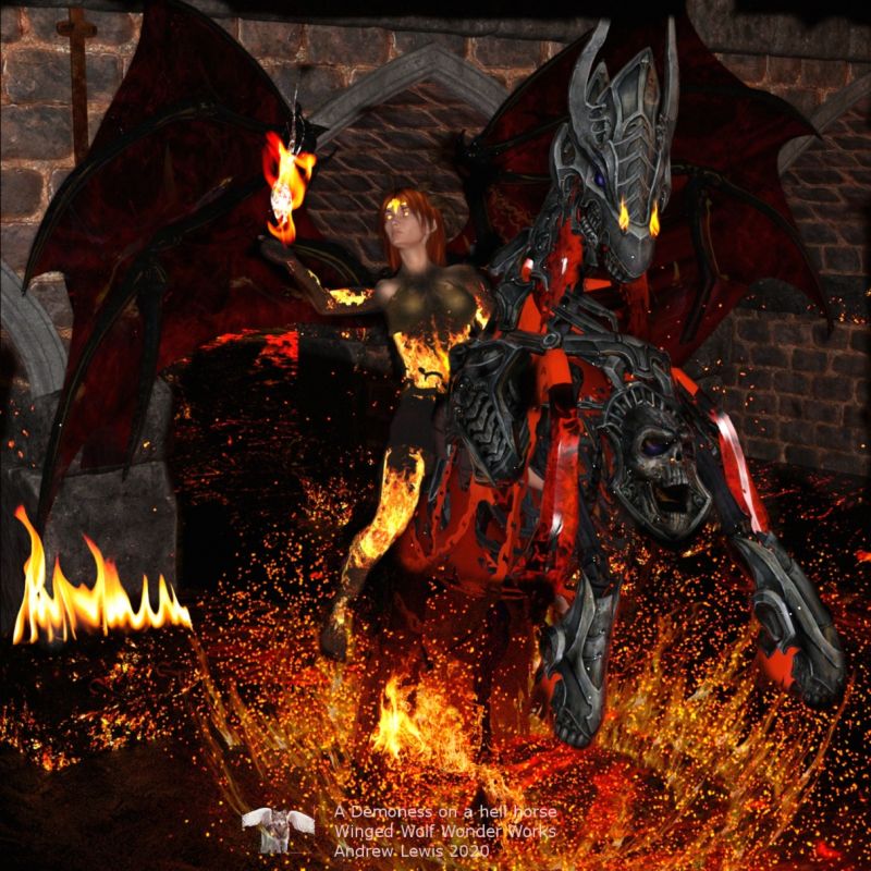 Demoness on a hell horse
A demoness rides through the firey depths on a flaming hell horse.

Made using the hellhorse freebie  by Summoner on the attic free zone
