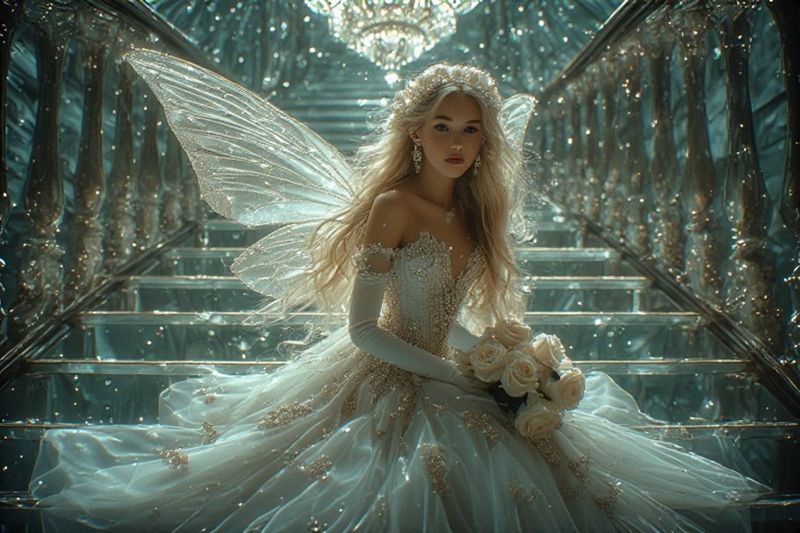 Fairy Bride
Sparkling, bride dress , white flowers etc  and sparkling stairs and background, using free online AI text to image . 
Keywords: sparkling fairy bride