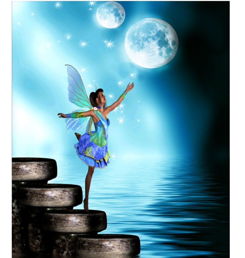 Twin Fairy Moon
Reaching for the stars to realize her dreams.
My health stops me from sitting long at the pc, got my knee shots today. Hope this helps so glad to be able to get an image in. I know haven't done much. 
Keywords: fairy , moons, water.