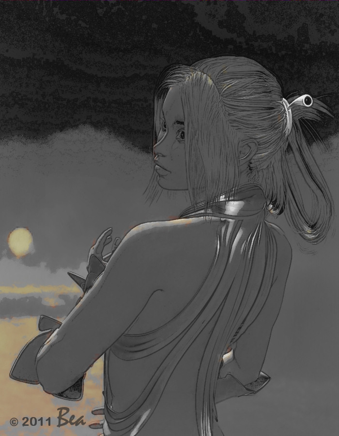 Another Sketch 
This started out with an image I did as a promo for hair textures for this hair. Then I saw a wonderful image by Syyd at RDNA using rim lights and I tried to emulate that style in DS and then moved to postworkshop to finish it off. Again just a lucky combination in there 
Keywords: Bea