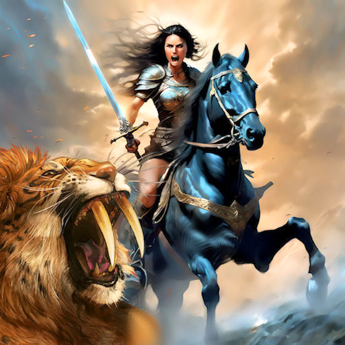 Warrior woman
As usual created in Dream Studio ai
Final prompt used:
Beautifully detailed intricate insanely detailed render, warrior women on horseback fighting Sabre tooth tiger, sword raised ready to strike, perfect hands, rugged landscape.
