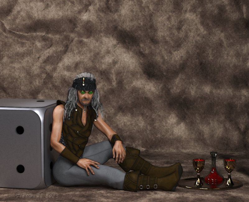 Old Man Goth
Was inspired by this month's contest, but didn't want to do the card exchange. I really wanted to do a sort of take-off on Pin Ups, but with a very interesting hippie-type character. So here he sits, Mr. Dice Man, an old style semi-Goth person. 

Done in Poser 11, Superfly, and adjusted in Paintshop Pro 2020 Michael 4 
Keywords: Poser 11 superfly paintshop pro 2020  Michael 4 