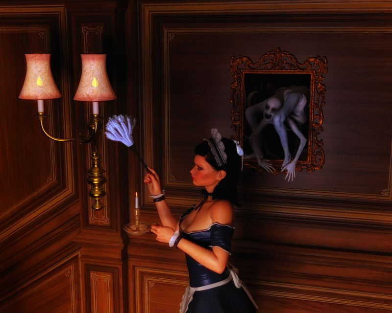 Cursed Mirror
Why do I have to Hold a Candle to Dust this Dark Creepy Forgotten Hallway!
O.o Heck Betty Did this Hall Last Month without one and Now she corresponds With a Nigerian Prince On-Line! o.O I Wish I Could encounter a Nice Guy Too!


