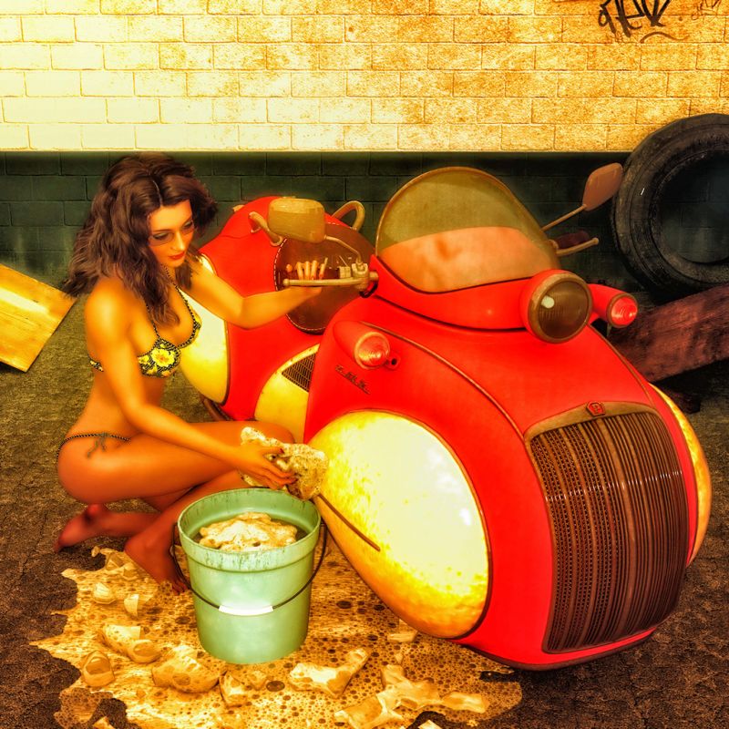 Dirty Girl
Diesel Punk Girl Cleaning Her Ride. o.O 
What did you think I was talking about! 
Dirty Minds!
