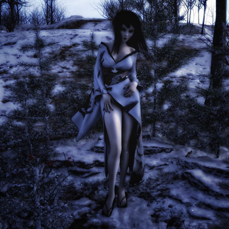 Yuki onna
Yuki-onna has extremely pale, almost blue skin, signifying her cold nature. Some tales around even describe her skin as transparent, a feature which allows her to blend in to the icy environment when she appears on cold, wintry days. She is often described as a beautiful young woman, and she uses her enchanting nature to her advantage by luring people into traps.
