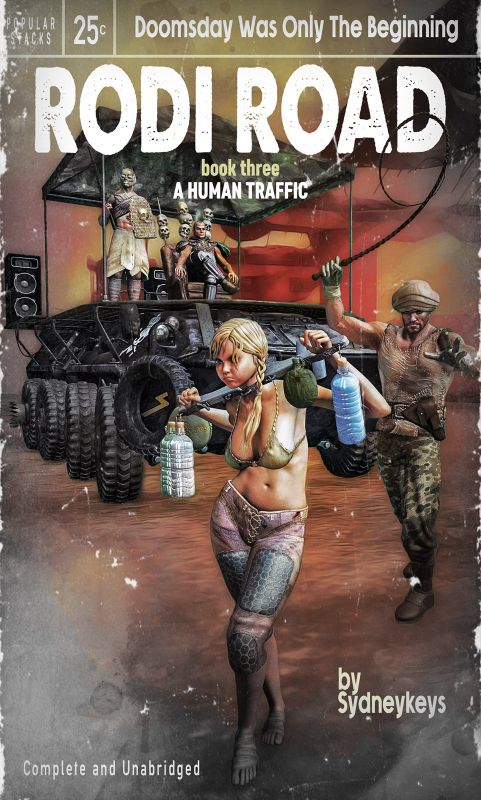 Book Three
I'm a fan of those old 25 cent lurid novels from the 50's ... let me tell you what they thought was shocking back then wouldn't even make the news today ... anyway this is my shot at that theme.

Thanks for looking ;)

(Disclaimer: No 3D figures have been injured in the creation of this image ... in case you are concerned) 
Keywords: apocalypse whip slave lurid