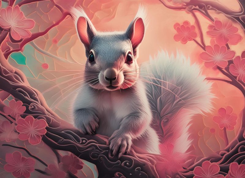 Plume
My 1st shot at AI. We lived with a rescued grey squirrel for twelve years and developed a fondness for her that is difficult for me to find the appropriate words to do that relationship justice. In a way she taught me things I wish I never new. The world was a simpler place when I thought creatures like her were mindless beasts, but my life was all the richer for the time my family and I shared with her. I admit this is a bit dramatic, but it's a fair representation of how we saw the rodent we called Plume.
Keywords: Squirrel forest flowers