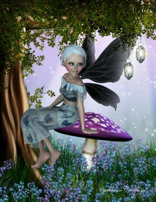 In Bluebell Woods
She sits upon a toadstool and enjoys the feel of the bluebells on her toes. The quiet of the woods in the early morning and the smell of flowers. 
Keywords: Fairy