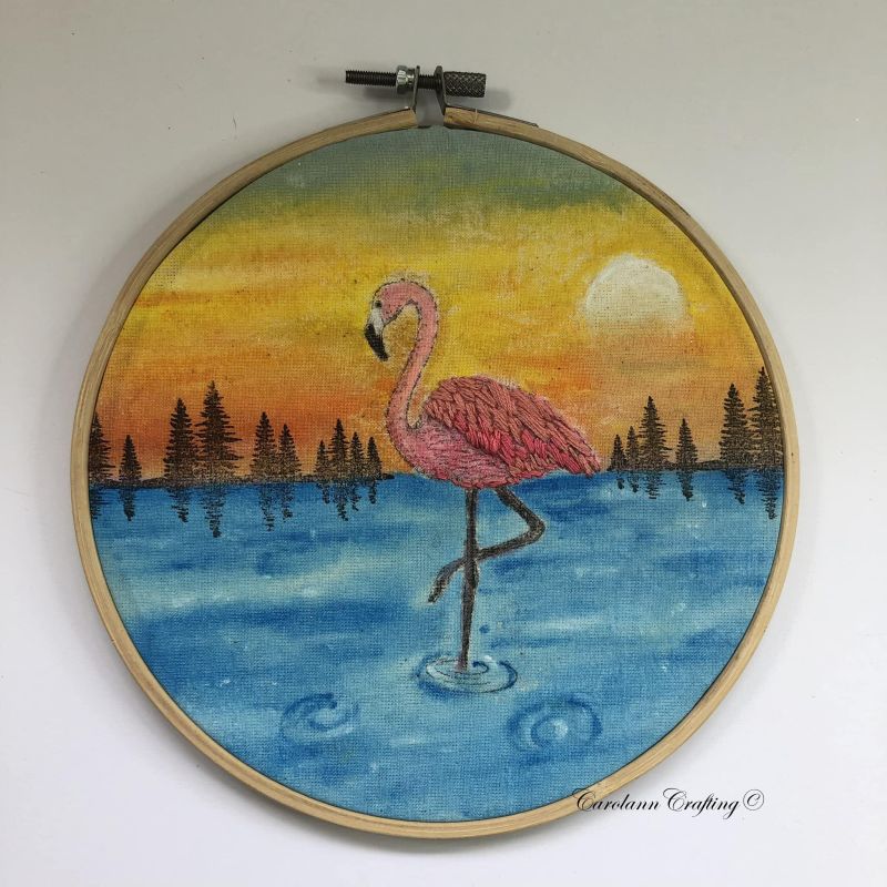 Flamingo Scene on Fabric + Embroidered - SAOTW winner 08/24/24
I stamped on fabric and hand painted and them embroidered the wings and framed in an embroidery hoop. 
Keywords: Flamingo