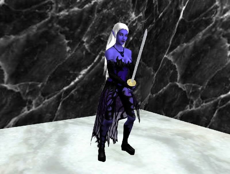 First Render of D`Narr Vel`Dynn
Here is a really old one that was done before I was introduced to DAZ.  She is the first ever render of my Shadowknight D'Narr.  She was created and rendered in Blender.  She was a model I found and re-skinned and then created her Katana along with the room she's in.  Surprised I had never uploaded it here before.  Only way for me to get the picture then was a screenshot of the final render hence the 800x600 image size.
Keywords: Shadowknight DarkElf