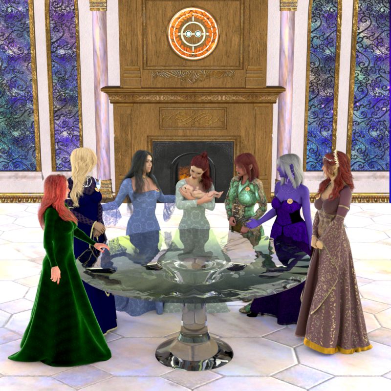 The Original Council of Sisters
The original Council of Sisters at the Quartz Table. When the Sisters assemble to vote on anything this table is summoned and votes are cast by placing their Sigils on the table. Face up for Yay and Face down for Nay. From Right to left they are Tiriara, Iolena, Elanil, Marial with her infant son Eiluned, Ryllae, Ilvaria and Arizelle.
Keywords: Fantasy