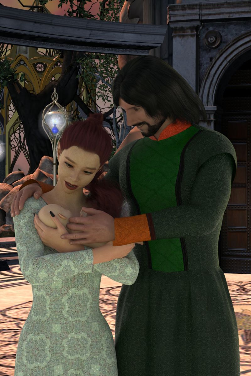 House Shadowbane
Marial and Gilliad with their newborn Eiluned. The future of House Shadowbane is secured.
Keywords: Fantasy Family
