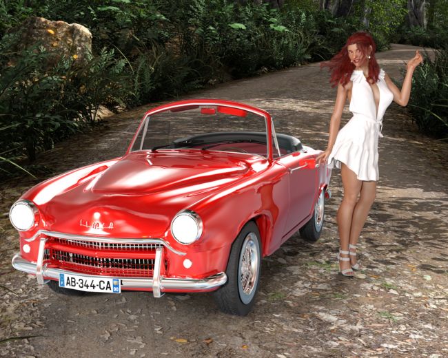 Hump Day Honey 93 - Sandy
Sandy got a new ride courtesy of Lucien Lilippe at Share CG.  Car comes as an OBJ so I got it into DAZ and applied free shaders to it's various surfaces.  That was a challenge since all the mat zones were in French.  Some logical thinking and some trial and error was involved.
Keywords: Pinup