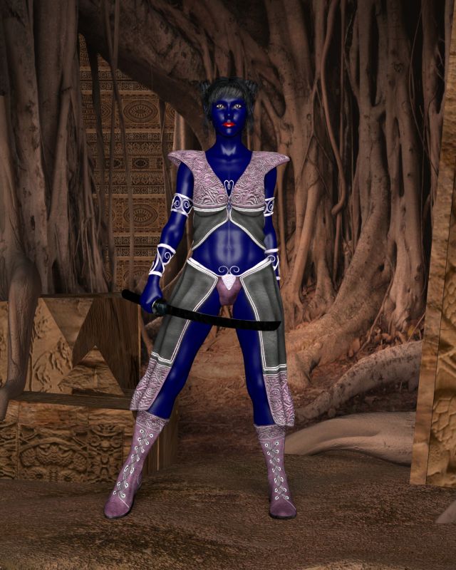 Ravinda and the Lost Temple of Agnar
Legends speak of Agnar's lost temple and the treasures held within.  Many brave adventurers have sought their fortunes there since the discovery but none have returned.  Now Ravinda comes seeking her sister Leilana who ventured into the temple ruins weeks ago.  The trapped souls in her blade whisper of great evil nearby.  The ground crunches under her boots as she cautiously enters the ancient ruins.
Keywords: Dark Elf Maiden