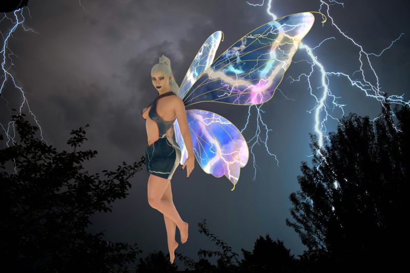 Storm
Playing with Textures for the wings... Here is another of Faelina's Sisters...  Storm

Interesting how the lightning in the background so closely lined up with the lightning in her wing.
Keywords: Fantasy