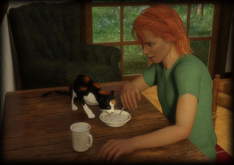 Sharing
Sometimes getting breakfast is hard...at lest the humans seem to think so.

The other morning poor Faelan thought they were going to have just this happen if Kitt wasn't so good about staying off the table, still a bit off putting having your bowl eyed from the window sill though 
