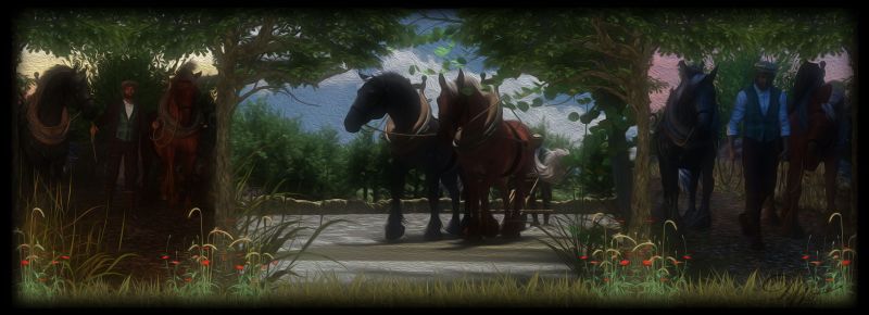 The 'ossman and his team
To summer dusk on country lane; nodding head and bobbing mane;
The 'ossman with his team treads home weary from the day.
For since the dawn they've ploughed the line, right up to the dropping time,
And as the light declines then it's home to make their way.

Lyrics from "Dropping Time" by Beggars Velvet
