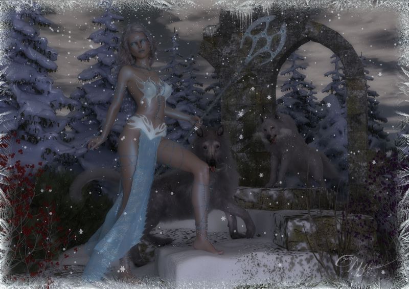 Queen of Winter
Call her Beira, Khione, Tengliu, Marzanna, Nane Sarma or Skaði she is the Queen of winter. Wolves are Her herald, Her trumpet the wind through the sleeping trees, the blizzard Her mantel. 
