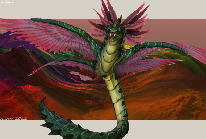 Quetzel the Feathered Serpent
What hapens when your characters come out of the file to eat your backside? Actually this is an old 2d artist trick. The model is a very old file from the now defunct site Runtime DNA. I really miss them. Background image created in Bryce from a hand painted texture made in the basic version of Artrage. Composition in P11 with post in CS4
