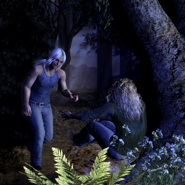 Angus Comes for Dorian
Angus stepped out of Shadow and offered Dorian a hand up with a digusted frown. "I don't wanta hear about it. Okay? 
I TOLD you NOT TO MESS WITH HIM yesterday! You don't listen worth a damn, do you? 

"Djinn, my father* and your father** all fought in the Feral Wars together with the rest of them. They all had each other's backs. 
That was when having someone else's back meant something important. Not this sort of stupid, degenerate BS."

Angus got in Dorian's face then. "You stink. You gotta death wish or something Dorian? You're the one cheated on Glory with her sister, 
and she told you what would happen if you did. I know. I heard her. Get over it and own  it, man! Come on. Let's go home.... 
Where YOU belong. Not out here, being a total donkey." 

"I think I've got a broken rib - left side. Can you take me to Raphael? Please. It hurts to breathe!" Dorian begged him, clutching his left side. 

Angus sighed and shook his head. He doubted it - but if he didn't take Dorian and something WAS wrong, it'd be his fault.
And Djinn's. It absolutely wasn't Djinn's fault. 
"You're lucky if that's all you got. I was in the middle of dinner - with my wife, your parents and mine. You owe me - bigtime." 


*Angus' father = Seth   **Dorian's father = Ira
