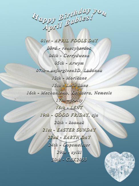 Wishing the April Babies an Awesome Birthday! 
We do hope all of our members born in April will have the best Birthday ever! 

Please do stop by the Grand Ballroom in the Forum to wish them a Happy Birthday if you would :) 

Thank you!
