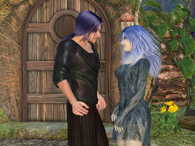 Look at You! 
Glory couldn't believe her eyes when she saw Djinn walking down her road toward the house. 
"I haven't seen you in forever! What? Ten years now? How are you, Djinn?"

"I'm doin' alright," he said smiling in disbelief at how much she'd matured into a beautiful young lady. "You sure grew up, didn't you? If you don't mind me saying so, you look fantastic! Wow. I see you still have the crazy colors in your hair. I always liked that. You 'know' me!" 

"Yeah, you're a bit strange, yourself! Always!" Glory smiled back at him. "I still dress weird too! I like to match." She indicated her dress and stockings. "Would you like to come inside my little study house?" She turned toward the door to open it. "Just watch your step. There's a flight of stairs goes down or over to my room  on the walkway along the edge. You can only go down, right now. We can catch up on things. You want something to drink?"

"Whatever you have, I'll take." He paused then, pushing his hair back from his eyes. "That sounded better in my head, didn't it? You have tea? Ice?"

"Perfect." She opened the door, smiling to herself. "I think it's too early to have any of Panama Red's wine, don't you?" 

"Uh....probably." He took the door from her and held it open, watching her walk down the stairs. "Ladies first. Do you want it locked or open?"

"You can lock it."  Damn...Grace knew her and Dorian were old news, now. She also knew that Glory had the biggest crush on Djinn way back then. She didn't know quite what to think now. She wondered if he'd say anything about Alba. *Listen and learn* as 'Auntie' Ursula always said. "I'll get the drinks. Have a seat!" 

