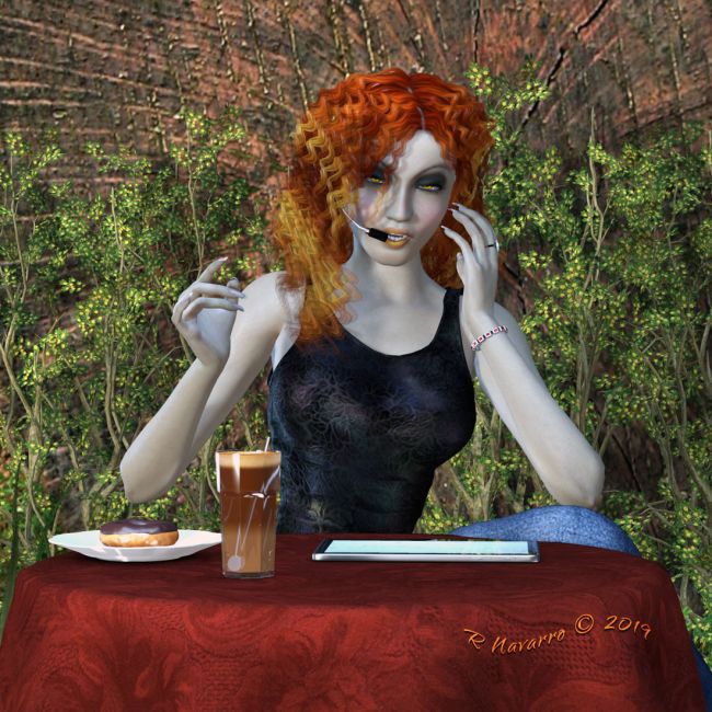 Unresolved
"Hello Glory," Justin said. There was a long pause then as he evidently walked away from the other guys helping with the house. 
"I know why you're calling, I think. She told me what happened last night. I asked her Why? and she asked me if you didn't have a right to know. 
I couldn't disagree with that. You do. Are you alright? Did you say anything to him?"

"I said I wouldn't and I didn't," Glory answered him rather curtly. "Justin, I spent 20 minutes holding my Auntie crying in my arms 
last night because of something that happened to you, long ago. You may think it was resolved long ago, but it wasn't. 
Didn't she ever get help about it?"

"No. Her and I talked about it and I knew Djinn didn't want to talk about it. I thought maybe he would eventually, but he hasn't. 
She still has nightmares about that night, sometimes. I thought since it was all over that...."

"Well, there's a big tip-off right there!" Glory interrupted. "It's unresolved for her. She wants...no, better to say, she *needs* 
to confront Djinn and he needs to own it, to me and to her. I can't say anything though. I don't want to. 
So you think about this and figure out the best way to help your woman and your brother. We are a family now, more than ever.
We can't be of any help to each other if we have secrets - no matter how unpleasant they are."

There was a long pause and Justin sighed. "You know, I don't like to talk about it either."

"Hey, it happened. It's over. You're still here, hail and hearty. All of you are. It can't be changed, but the future can. 
Call me when you have some ideas about fixing this. I'm patient. I can wait. 
Good bye, brother. I'll talk to you soon." She hung up then, not giving him a chance to make any more excuses. 

Was she being too pushy? She'd laid awake thinking about this, long after Djinn went to sleep. 
The only conclusion she could come to was that someone besides her had to broach it with him. It couldn't be her. 

*****

DM's "Fairy Trunk House" (DAZ)
!2nd World's products: "Coffee & Tea", "Fast Food" "Tableware", Electronic Devices" (RMP)
"DNA_Shrubs" (DAZ)
Glory Hair: "Nerissa Hair" by Mairy-3Dream (RMP) with textures by me (NA)
Glory shirt: "Raiver" by Ravenhair (DAZ)
Glory jeans: "Jeanz" by Rhiannon (RMP)
Table & cloth from: "D&M Dreamart" (RMP)
"ControllerV4": by !3-d-c (ShareCG freebie)  

Glory by me (NA)
