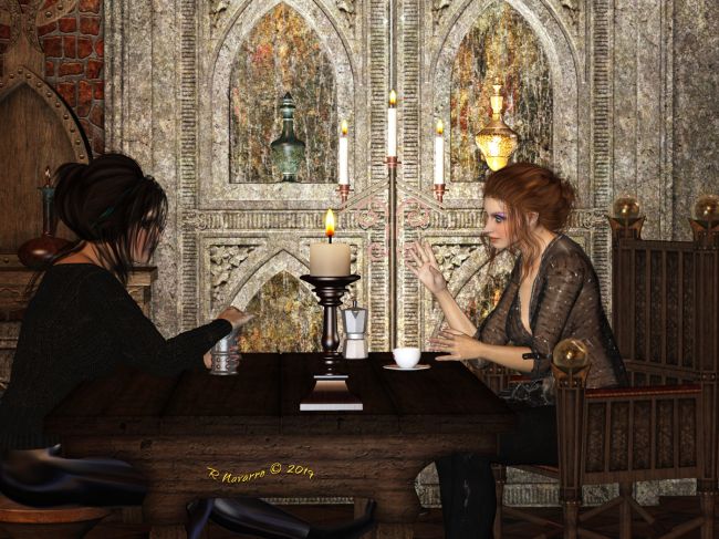 Alba Tells Her Story
Ursula listened as Alba told her of the night the 'sisters' of her ancient and holy Order of the Daughters of the Moon attacked her before a meeting, pretty much en masse. They'd been turned into vampires by the conquering mad-man, thinking to capture her. But she was the Head of that Order and she was more powerful than any of them. 

"I escaped. I couldn't even go home to the palace. He'd taken that too. I watched it torched from far away. I had a boat stashed in case of something like this. A few clothes and some coin. Not much. I rowed across the strait to the capitol on the mainland. There I bought passage to Terra on a Merchant Cargo ship, hoping to find something there. I served as a mechanic," Alba laughed. "Help. Anything." Alba shrugged with a helpless gesture. "What is it with me and Vampires anyway?"

Ursula smiled strangely at her and leaned forward as if telling her a secret. She inhaled deeply, closing her grey eyes. "It's your blood, girl. It's like a heady foreign smelling perfume to us - dark and mysterious. It's not like something they're accustomed to smell. It's stupid and self-defeating to turn everyone around you. Completely. We try to use our heads here. 

"Not all of them, but some of the Humans here have chosen to take a Vampire, Were or Fae as a mate.... They know us. They came here with us. Nature will have it's course. Does he still hunt you?" Alba shook her head. "No one here will betray you. We don't leave the planet. You didn't watch Earth go to Hell in a hand-basket. We did. We like it here. You will too, if you give us a chance."

