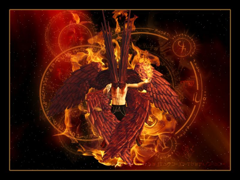 "Why do you ask my name?
It is beyond understanding." ~ Judges 13:18

The figure within is a seraph. The word 'seraph' means "fiery serpent" in Hebrew, and indeed they were angels of the element of fire. They were also those who carried out judgment. 

The seraphim (pl.) have six wings.

Done for a good friend. zOOm is best. Thank you for looking! 
