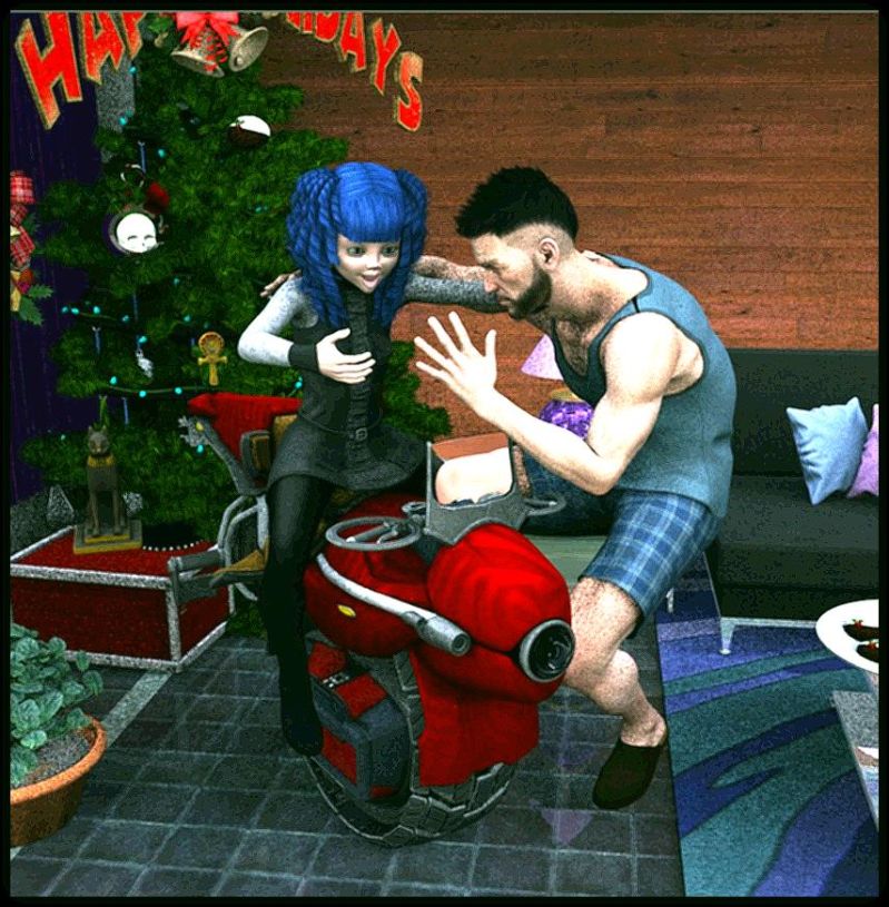 5th Place ~ Who Wants The Best
For their children?

Many people do and here is a goth style daddy setting up his little girl with a one wheel motorcycle, the Tadpole Monowheel from Daz 3D. It seems that presents other than the cycle has been ignored by the little gothic diva or she'd probably have out a Miss Kitty helmet but goth-daddy is not letting her out without it! Along with some training so she doesn't crash.
Keywords: gothic christmas gothic-christmas motorcycle present goth-daddy