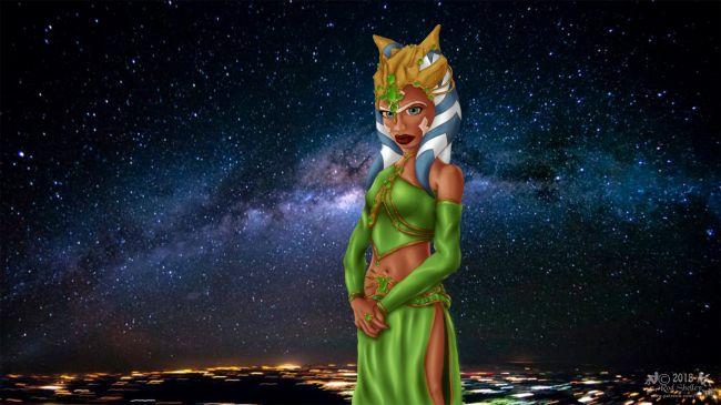 Does This Outfit....
Make my butt look fat?

Uh..... No, not at all Ahsoka, not at all! Actually, you're the most ravishing Jedi I've seen all week. I'll bet even Gen. Grievous would approve, but I'm not sure about Anakin... Just keep that lightsaber safely tucked away wherever you have it stashed in that outfit... And remember, you ASKED me to look at your butt.

It has been years since I tried just sitting down and drawing something in good ol' 2-D. I had a screen capture of Ahsoka Tano from one of the Clone Wars episodes, so I use it for reference. This took about a week from start to finish. I did the first sketch in Photoshop on my Cintique, and from there I just added layers on top as I refined it. Here's the final result with a background courtesy of NASA.
Keywords: star wars ahsoka tano photoshop sketch 2d digital painting