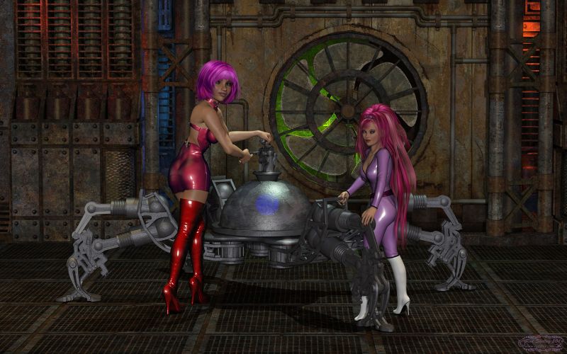 What Are these Gals Up To, Now??
Deep in one of the top-secret T.N.A. underground labs, we see that Betty has a new toy. As if that's not dangerous enough on its own, she's gotten Ranpha involved... So who knows what might happen. I know Dan is still having flashbacks to the last time a bot got loose in Ranpha's lab, and ended up chasing Dan and Ranpha all all over the lab - until it finally short-circuited..

Betty has a new cute hairdo, and as you can probably guess, she and Ranpha go to the same salon!

Betty is by Vyktohria, and Ranpha was created by Dan (Diemamker). The QuadBot is from TF3DM (as an obj. file, so he's not rigged).
Keywords: Betty Ranpha TNA sci-fi robot