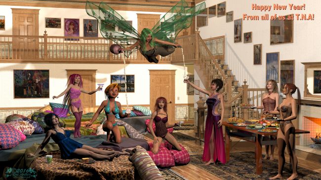 Happy New Year 2017!
Happy 2017!

The Girls are having a New Year's slumber party at one of the several T.N.A. R&R facilities scattered around the country. Don't ask which one.....they wouldn't even tell ME! LOL They promised to have another party later on that would include some of us guys.... In the meantime, I've got a couple drones out doing a little recon.

They've got the Big Bed set up in the den next to the fireplace, and have a table full of enough food to choke a T. Rex.. We checked..... You OK, now, Mr. Rex? I hope you didn't get into the take-home box the Girls prepared for Summer... You know about her and that frying pan.... They have an evening's worth of DVDs lined up – I think they're going to be doing a Star Wars marathon over the weekend in honor of Carrie Fisher and her mom, Debbie Reynolds.

Anywaaaaay.... It looks like the Girls have gotten into the eggnog already, and it appears they have introduced Arquinia to a few of the human rituals. And she seems to be enjoying her studies of the human species quite a bit. I just hope Queen Zlata doesn't turn me into a toad for this.... It would really be difficult to work on the story if I had to hop around on the keyboard........

I changed a bunch of the pictures in Dreamland Models' Great Room set. All the pictures are ones I have posted in my RR gallery, and a few that will appear soon in another (Top Secret) project. Coming soon...

Speaking of projects, I'll be getting back to the T.N.A. Noveau series as well as a few other fun things. I'll get back to uploading Chapter 5 here to get everyone at FA up to date - then on to Chapter 6!

Our lovely ladies, left to right : Trish, Ranpha, G4, Arquinia (flying), Tina,  Arawen, Rico, Melanie. All of us at T.N.A. Headquarters want to wish all of you a happy and prosperous 2017. And I hope 2017 is as good as 2016 was bad. 

Thank you all so much for your friendship, comments and support! I'll try to get back to commenting on a more regular basis, and look for more gallery posts in 2017.
Keywords: 2017 NewYear Holiday T.N.A.