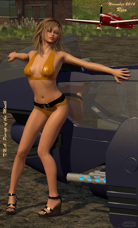 T.N.A. Pinup of the Month - November 2014: Rico!
To welcome November, here's the lovely and talented Rico! She's on third of Dan's (Diemamker) awesome trio of lovely ladies! Rico has the face and figure of a supermodel, but she'd much rather be behind the controls of something fast and powerful - and if it flies, so much the better! She's an ace test pilot, and has saved more than one malfunctioning new piece of hardware from ending up in a million pieces. Thanks again, Dan, for letting your lovely ladies come over and play!
