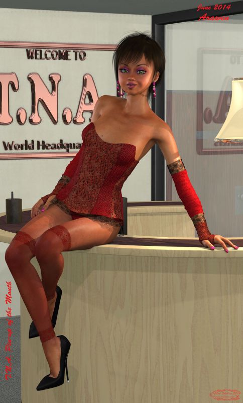 T.N.A. Pinup of the Month: June 2014 - Arawen
G4's feisty partner Arawen is a slender waif of a gal, and cute as a pin...  She's every bit a girl - giggles like a schoolgirl when she gets to go shoe shopping - or especially if she gets near an antique shop. She loves to eat, and does a fair bit of cooking too.

But don't let that fool you! She's a black belt in karate, akido, and a whole bunch of other oriental words I can't pronounce. And she's lightning fast - she can kick you in the head before you can blink. And she loves blowing things up, too! 

A bundle of fun, this one!
Keywords: pinup june 2014 arawen tna