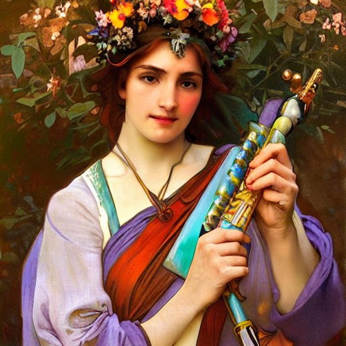 Euterpe
Euterpe is another of the 9 Muses, daughters of Zeus and Mnemosyne.
She is in charge for music, specifically all reaching the flute.
Occasionally, she can also join the Dionysos' cortege but doesn't seem to end by taking wine.
