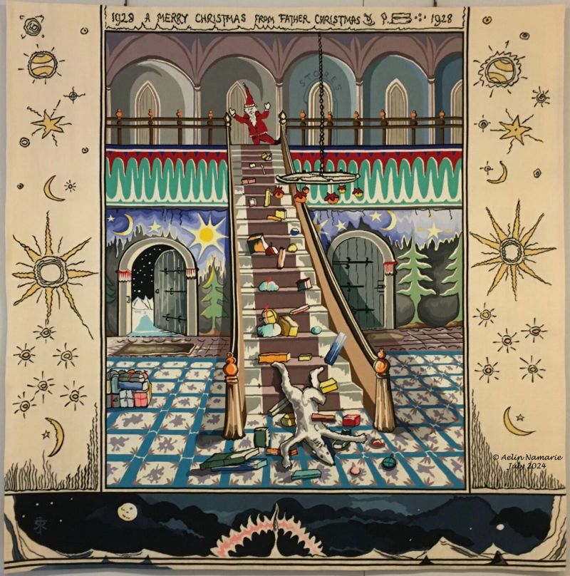 Christmas 1928
In 1928, the White Bear tries again to help "Father Christmas". Unfortunately, he falls in the stairs and all gifts and names of children are mixed.
The tapestry is more colored than the original drawing.
