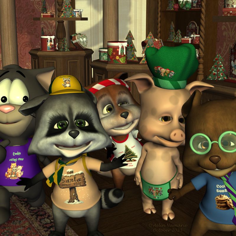 Cookie Team
The Pockets begged to have even more Christmas options on some of their stuff, so here they are!
Despite the name of the pack, it doesn't fully revolve around the cookies.
They are currently available on our Advent Calendar!

********
Pocket Pets Bundle 1, by 3DUniverse (Daz3d)
Pocket Pets - Kitty, by 3D Universe [no longer available]
Conforming Shirt for the 3D Universe Kitty, by Little Dragon
Victorian Gift Shop for Poser and DS by RPublishing & GrayCloudDesign (RMP)
